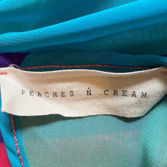 Peaches n Cream Pink Blue Orange Sheer Striped Open Keyhole Back Top 3/4 Sleeve - Picture 5 of 6